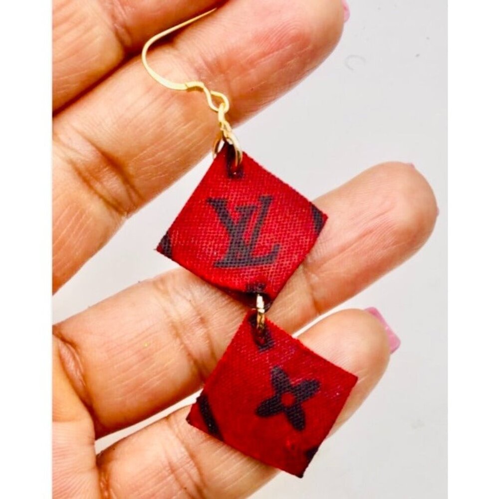 Upcycled Designer Canvas Earrings - 925 Silver Hooks | French Luxury Jewelry - Picture 4 of 11